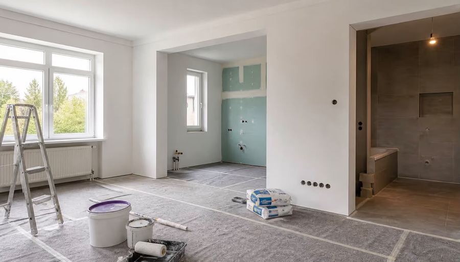 Frisch weiß gestrichener Wohnraum mit abgedecktem Boden, Leiter, Farbeimer und Farbrolle in der Malerwanne.