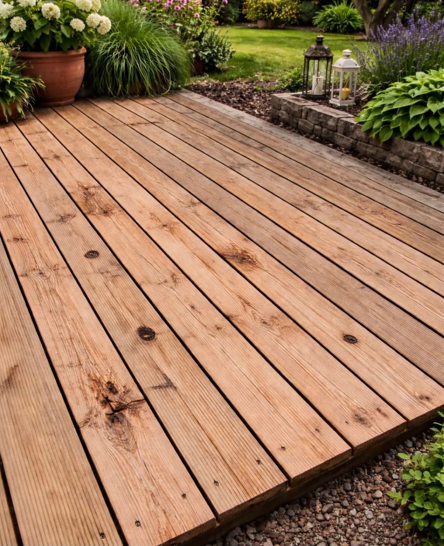 Holzterrasse aus hellen Dielen im Garten, umrahmt von Pflanzkübeln, Staudenbeet und Laternen.