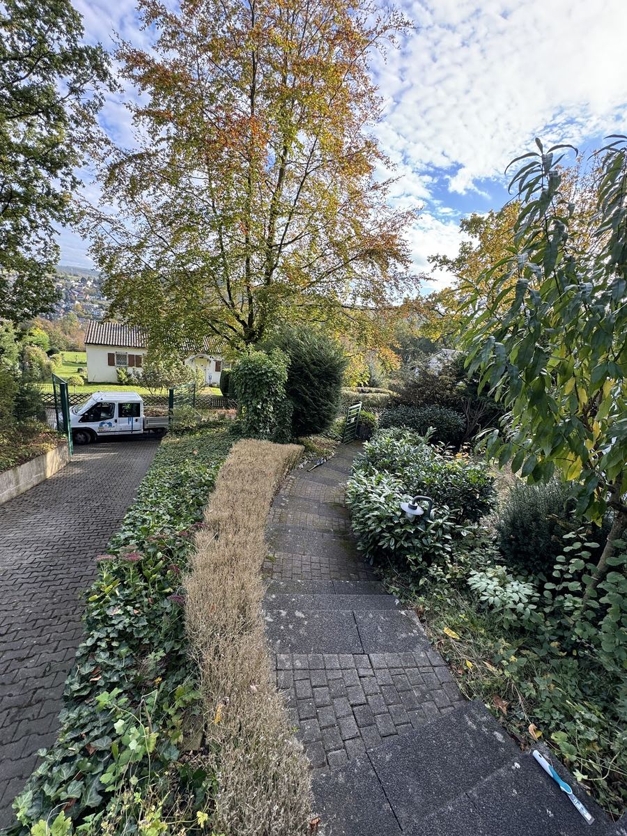 Gepflegter Hanggarten mit Treppenweg, Beeten und Firmentransporter in der Einfahrt.